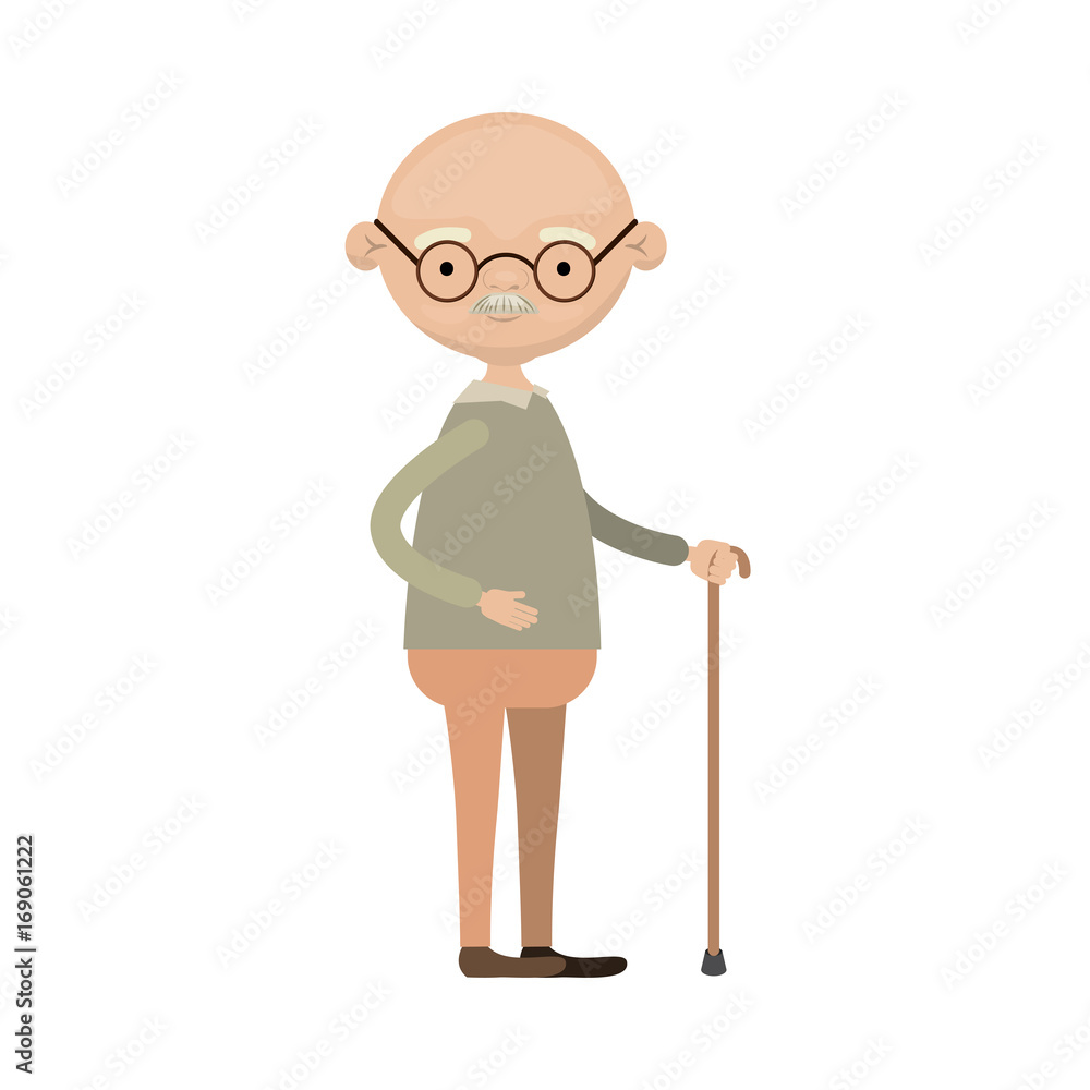 colorful full body elderly man in walking stick with moustache and glasses colorful full body elderly man in walking stick with moustache and glasses