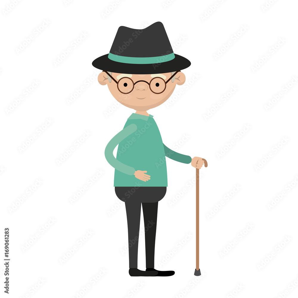 colorful full body grandfather in walking stick with glasses