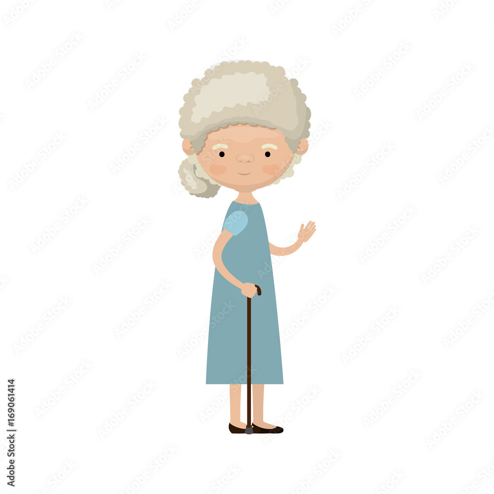 colorful full body elderly woman in walking stick with dress and curly side bun hairstyle colorful full body elderly woman in walking stick with dress and curly side bun hairstyle