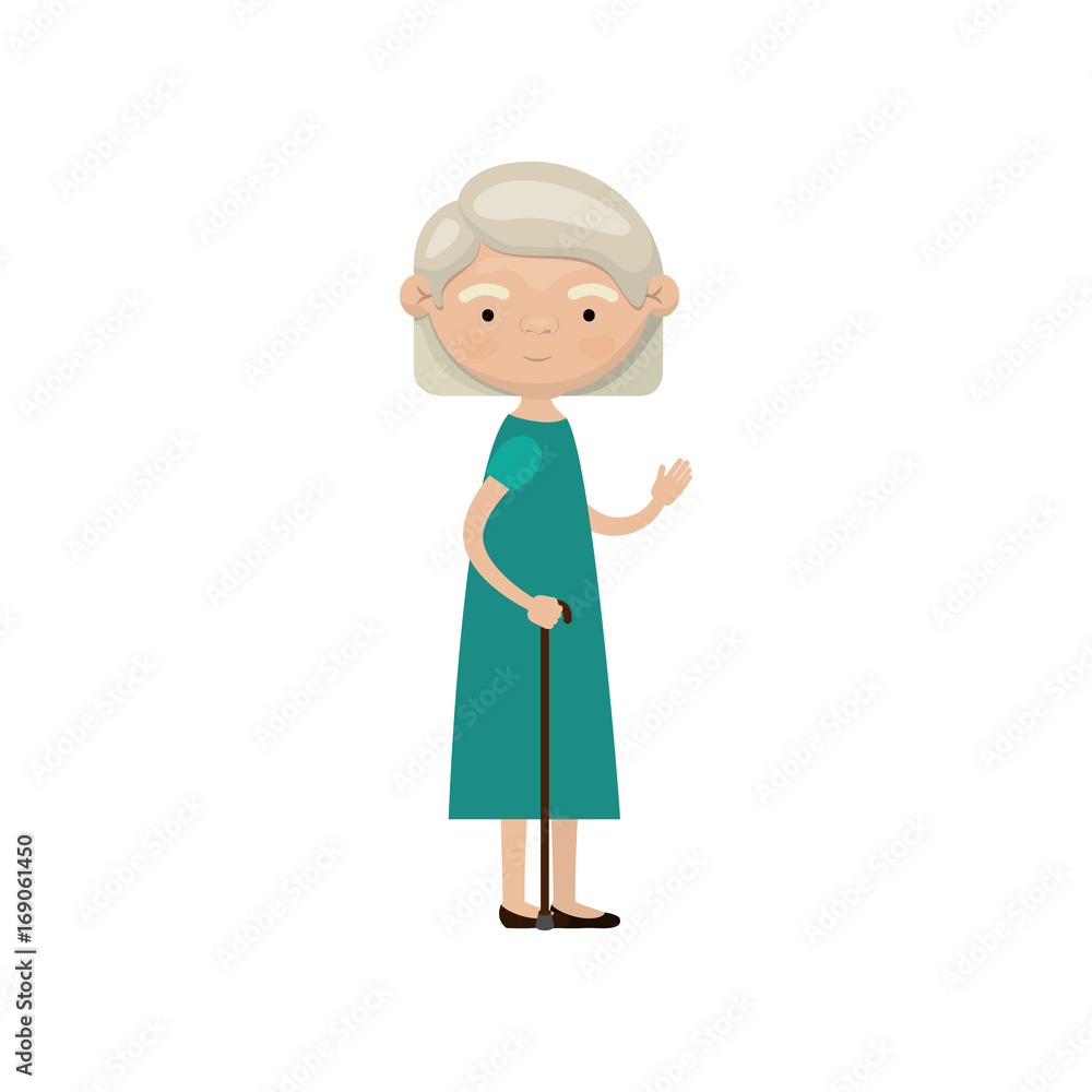 colorful full body elderly woman in walking stick with dress and short hairstyle colorful full body elderly woman in walking stick with dress and short hairstyle