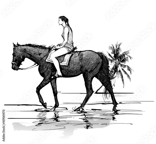 Girl riding a horse on the beach