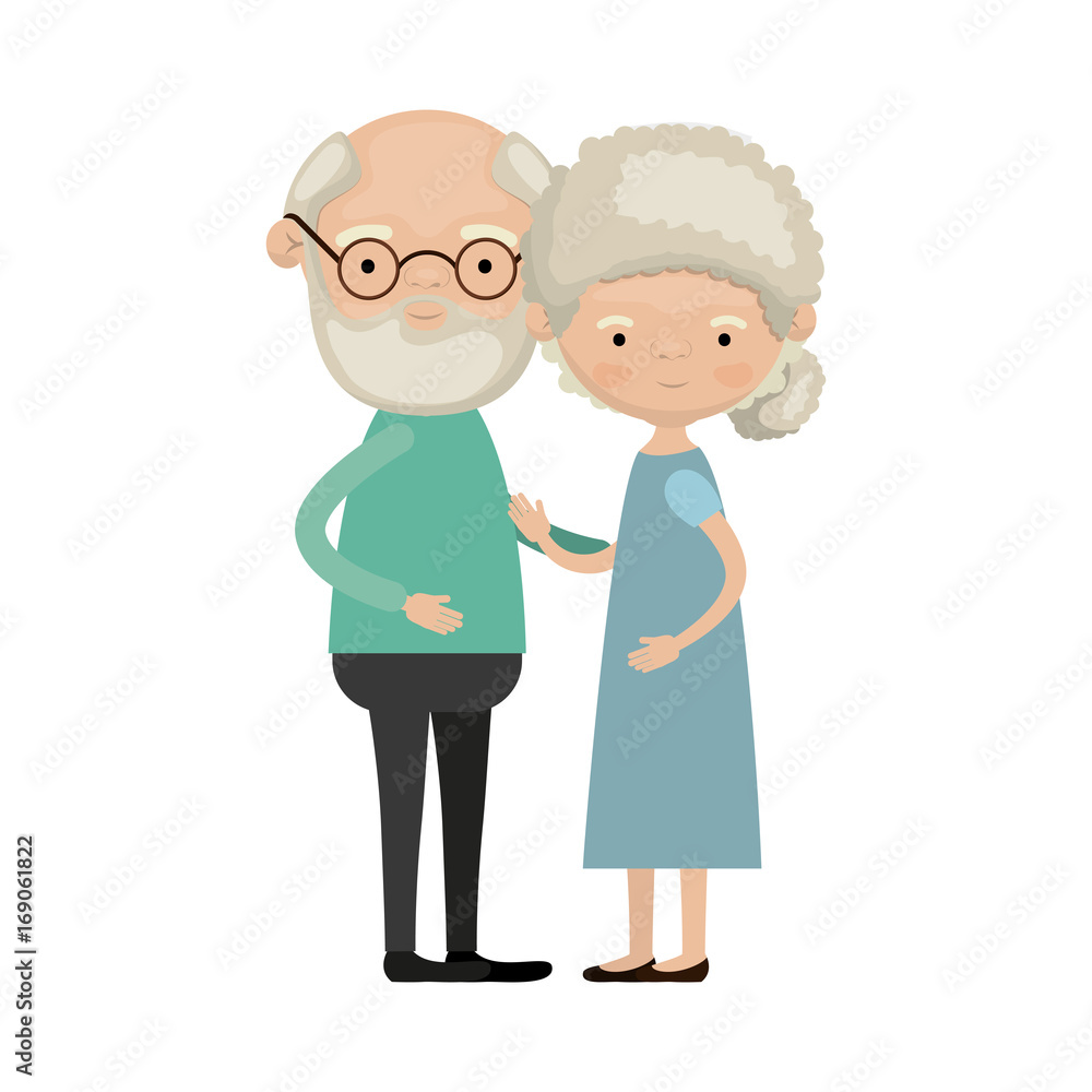 colorful full body elderly couple embraced grandfather with beard and glasses with grandmother curly bun hairstyle in dress colorful full body elderly couple embraced grandfather with beard and glasses with grandmother curly bun hairstyle in dress
