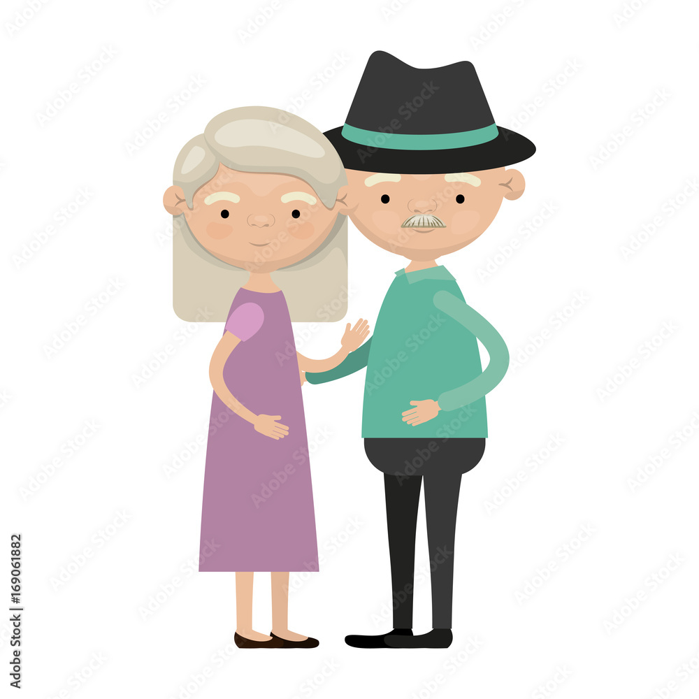 colorful full body elderly couple embraced grandmother straight hairstyle in dress and grandfather with hat and moustache colorful full body elderly couple embraced grandmother straight hairstyle in dress and grandfather with hat and moustache