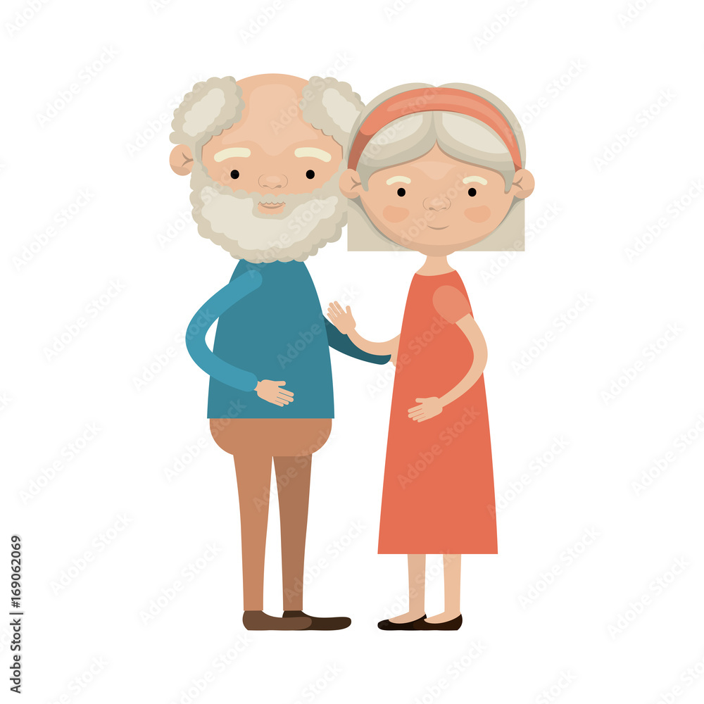 colorful full body elderly couple embraced grandfather with beard and curly hair with grandmother bow lace short hairstyle in dress colorful full body elderly couple embraced grandfather with beard and curly hair with grandmother bow lace short hairstyle in dress