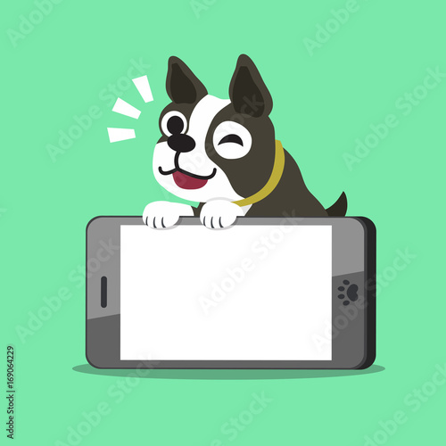 Cartoon boston terrier dog and smartphone