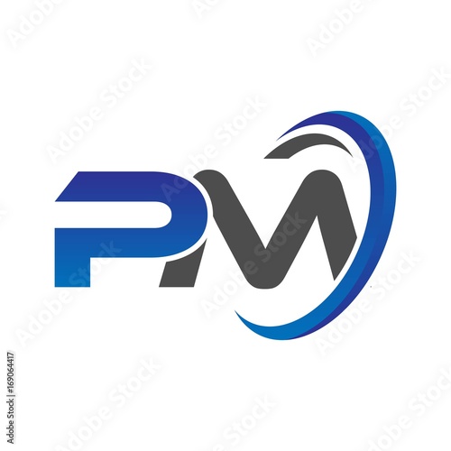 vector initial logo letters pm with circle swoosh blue gray