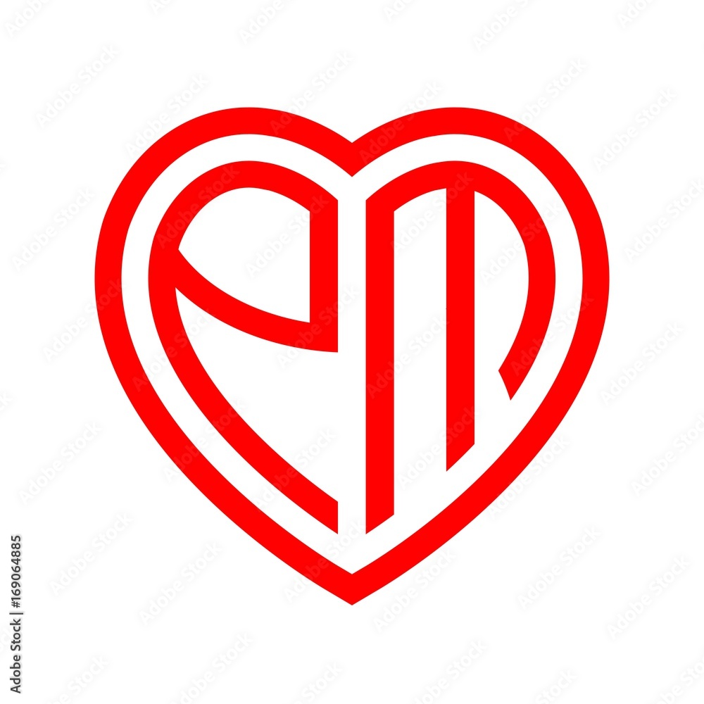 initial letters logo pm red monogram heart love shape Stock Vector