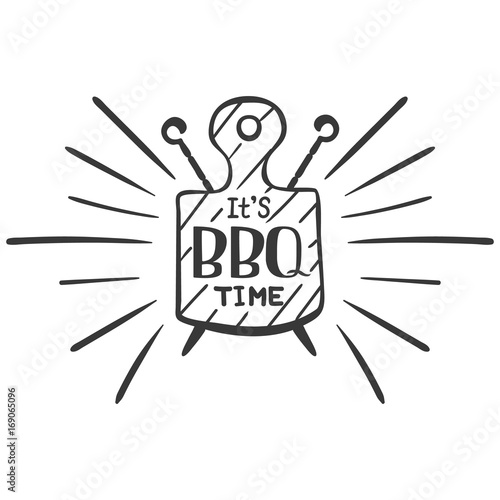 It is bbq time. Hipster logo and emblem of a restaurant barbecue on the background of a cutting board and skewers. Vector templates isolated on white background. Steak house restaurant menu element.