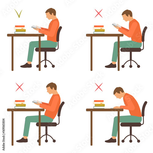 correct and incorrect sitting position, reading desk posture, vector illustration