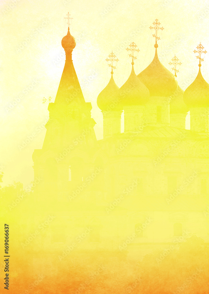 Church in the Vologda city. Yellow silhouette in the fog