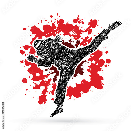 Taekwondo jump kick action with guard equipment designed on splatter blood background graphic vector.