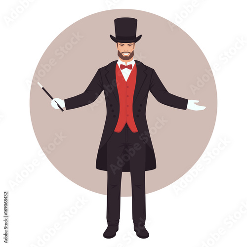 magician show trick, man with magic hat, vector illustration