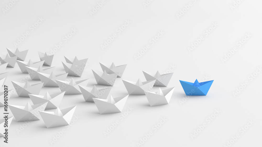 Leadership concept, blue leader boat, leading whites. 3D Rendering. Leadership concept, blue leader boat, leading whites. 3D Rendering.