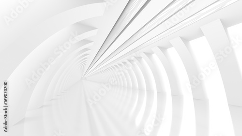Futuristic empty white corridor with square columns and pipes on the ceiling. 3D Rendering.