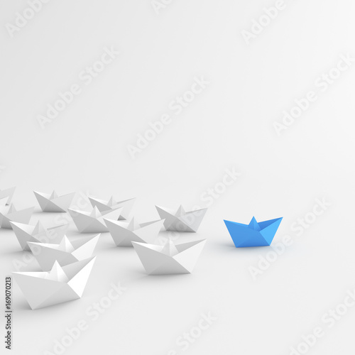 Fototapeta Naklejka Na Ścianę i Meble -  Leadership concept, blue leader boat, leading whites. 3D Rendering.