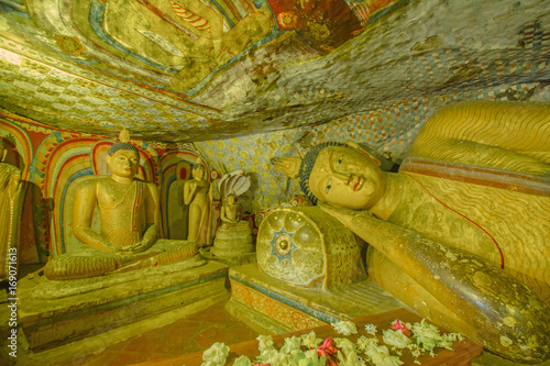 12 Century Dambulla Cave Golden Temple And Statues. Dambulla Cave Golden Temple Is The Largest And Best-Preserved Cave Temple Complex In Sri Lanka