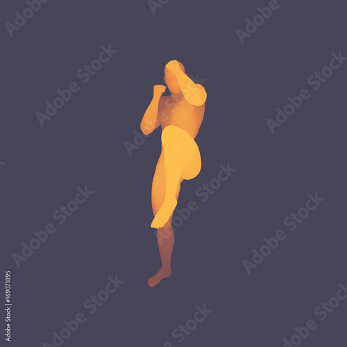 Kickbox Fighter Preparing to Execute a High Kick. Fitness, Sport, Training and Martial Arts Concept. 3D Model of Man. Human Body. Design Element. Vector Illustration.