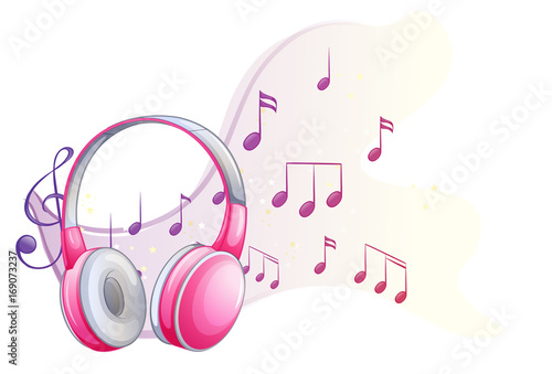 Pink headphone with music notes in background