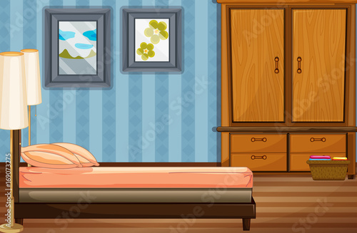 Bedroom scene with bed and wooden closet