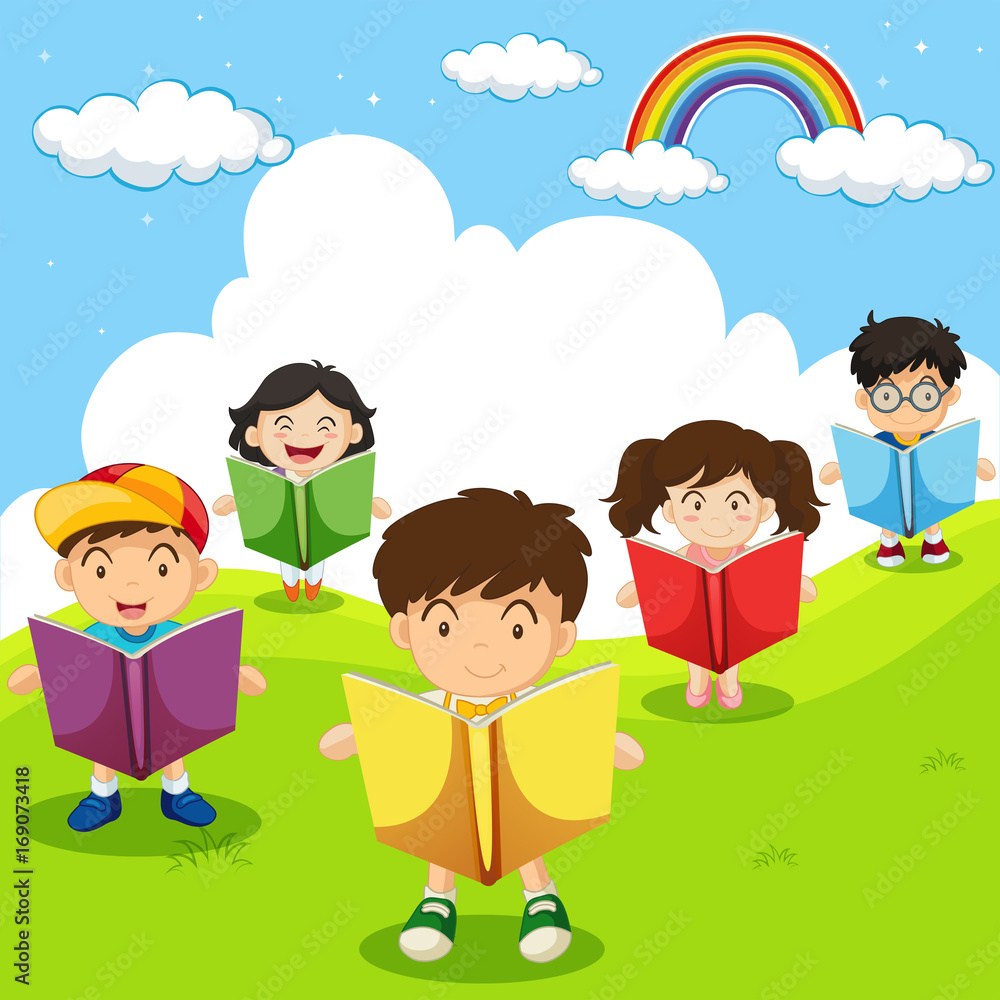 Happy children reading books in park
