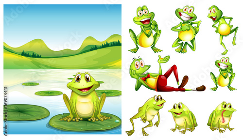 Scene with frog in pond and other frog characters
