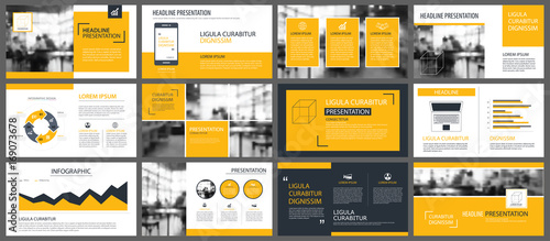 Yellow presentation templates and infographics elements background. Use for business annual report, flyer, corporate marketing, leaflet, advertising, brochure, modern style.
