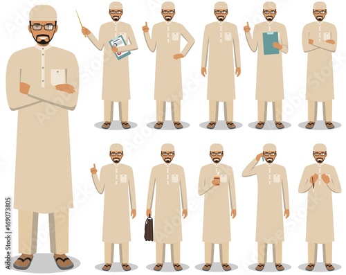 Business concept. Detailed illustration of muslim arabian businessman standing in different positions in flat style isolated on white background. Vector illustration.