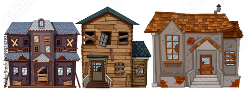 Three old houses with broken windows