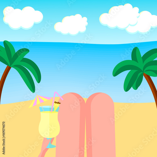 vector illustration. Beach, sea, clouds, palm trees. Cocktail pina colada. feet.