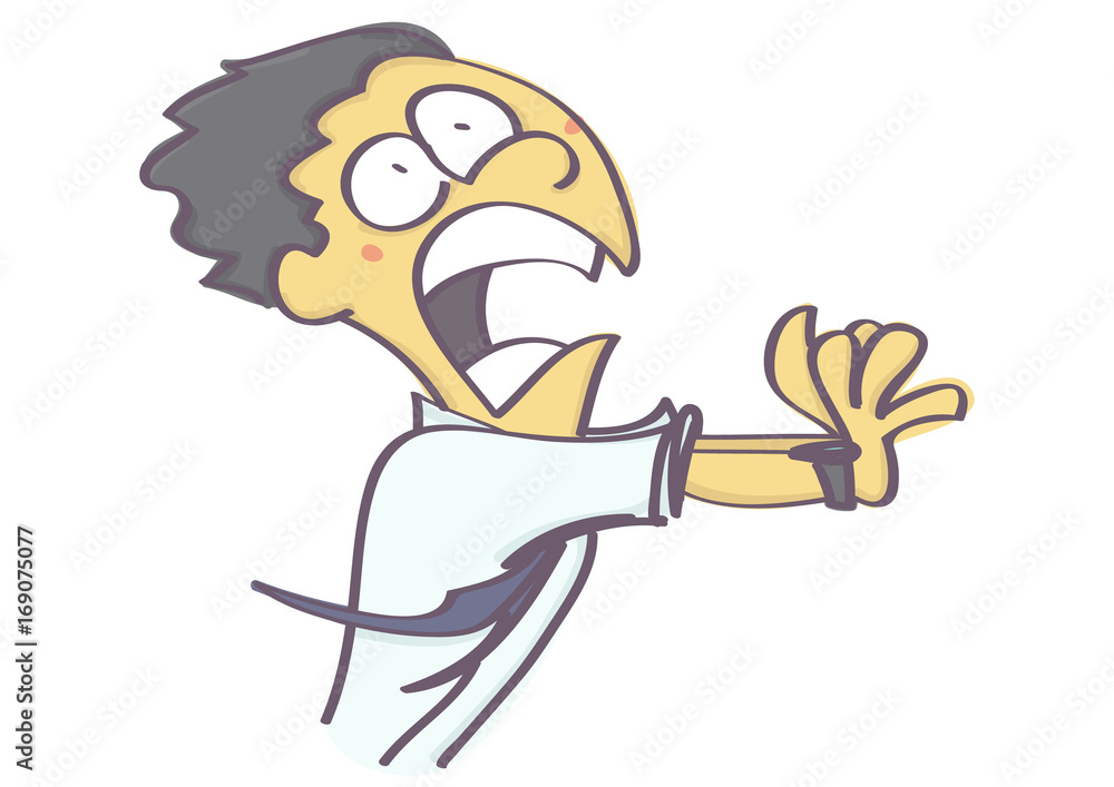 Funny vector cartoon of man running away in fear and panic, isolated on