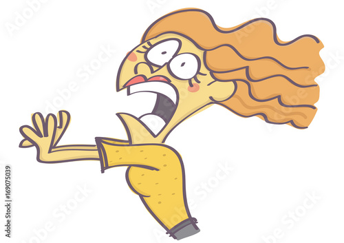Funny vector cartoon of woman running away in fear and panic, isolated on white background