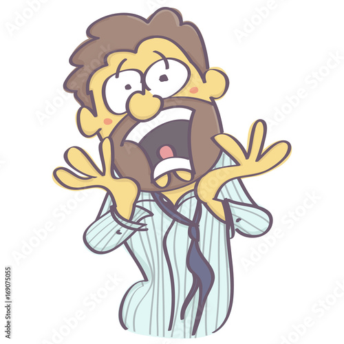 Funny vector cartoon of terrified man screaming in fear and horror, isolated on white background