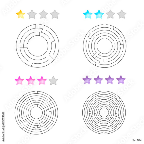 vector illustration of set of 4 circular mazes for kids at different levels of complexity