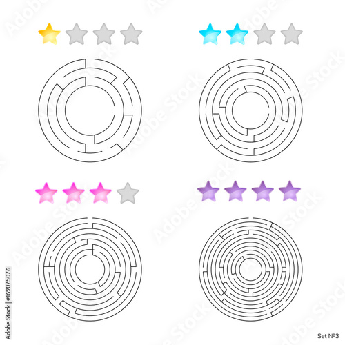vector illustration of set of 4 circular mazes for kids at different levels of complexity