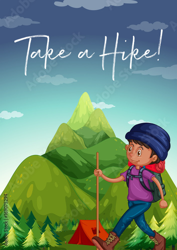 Man hiking up the mountain with phrase take a hike