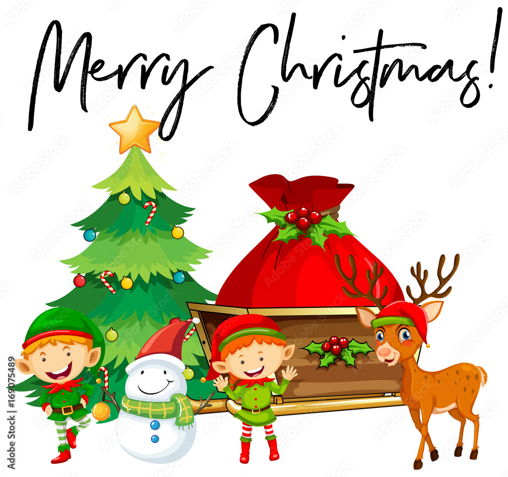 Elves and christmas tree with phrase Merry Christmas Elves and christmas tree with phrase Merry Christmas