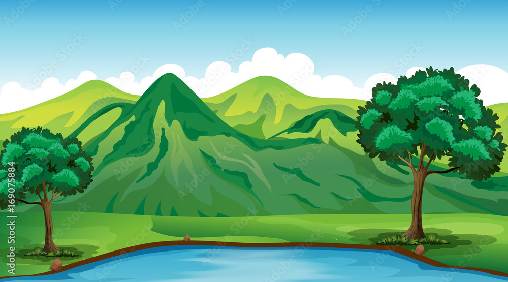 Obraz premium Background scene with green mountain and pond