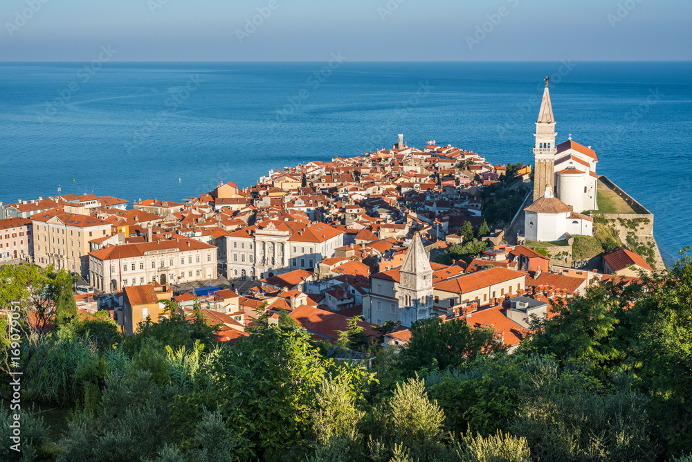 Picturesque Old Town of Piran on Peninsula in Adriatic Sea, Slovenia in the Morning. Aerial view.