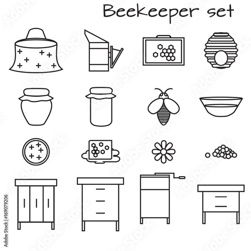 Flat outline design elements of Beekeeping and apiculture. Beekeeper Tools and equipment set. Apiary Instrument isolated. Beehive and Honeycomb. Honey in jar.