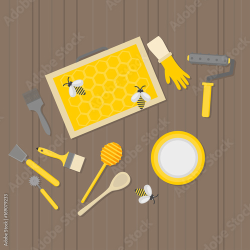 Flat design elements of Beekeeping and apiculture. Beekeeper Tools and equipment set. Apiary Instrument isolated. Honeycomb. Honey in jar.
