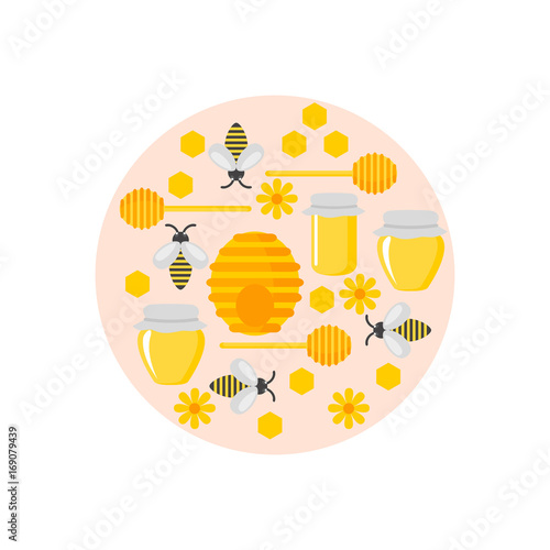 Flat design elements of Beekeeping and apiculture. Beekeeper Tools and equipment set. Apiary Instrument isolated. Natural organic Honey in jar.