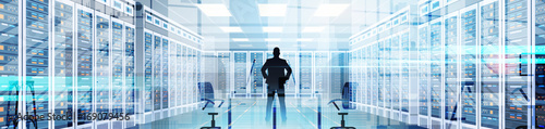Silhouette Man In Data Center Room Hosting Server Computer Information Database Flat Vector Illustration