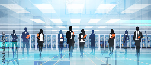 Silhouette People Working In Data Center Room Hosting Server Computer Information Database Flat Vector Illustration