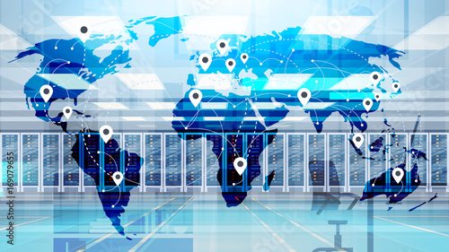 World Map Over Data Center Room Hosting