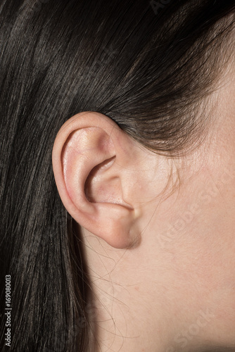 Right ear of a brunette woman, close up