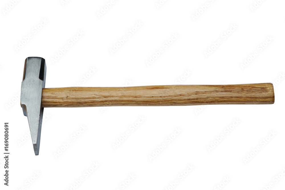 iron hammer with wooden handle on white