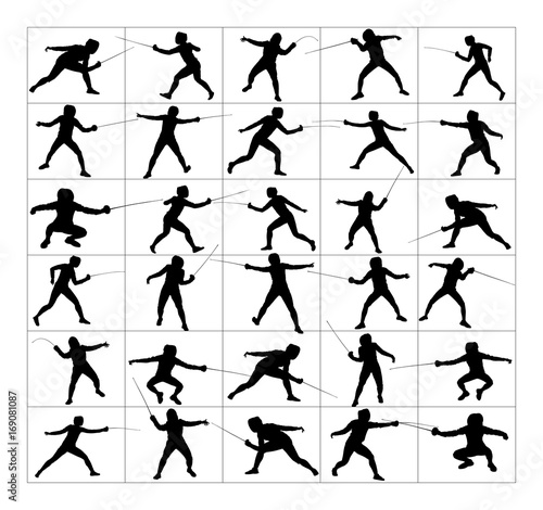 Fencing player portrait vector silhouette illustration isolated on white background. Fencing duel competition event. Sword fighting. 