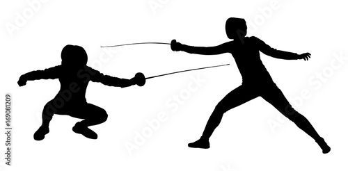 Fencing player portrait vector silhouette illustration isolated on white background. Fencing duel competition event. Sword fighting. Swordplay duel black shadow.Quick move game. Athlete man art figure