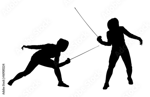Fencing player portrait vector silhouette illustration isolated on white background. Fencing duel competition event. Sword fighting. Swordplay duel black shadow.Quick move game. Athlete man art figure