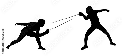 Fencing player portrait vector silhouette illustration isolated on white background. Fencing duel competition event. Sword fighting. Swordplay duel black shadow.Quick move game. Athlete man art figure